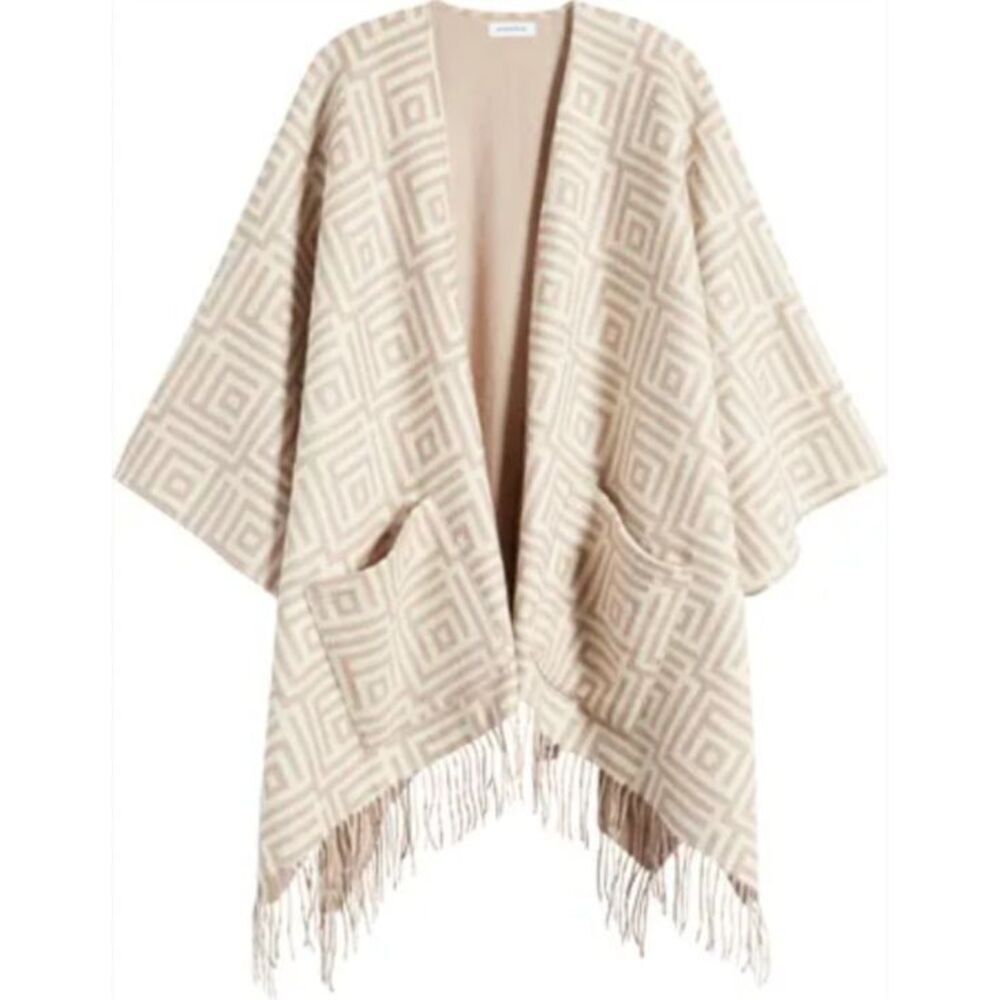 New Nordstrom Reversible Wool & Cashmere Ruana Poncho Beige One Size